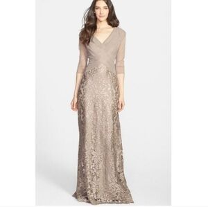 NWT Tadashi Shoji | Embroidered Sequin Lace Bodice Illusion Maxi Dress Gown 14